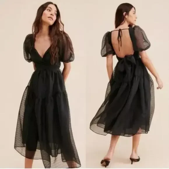 NWT Free People Hailey Puff Sleeve Sheer Midi Dress Black Size 12 $168 Romantic - Picture 4 of 11